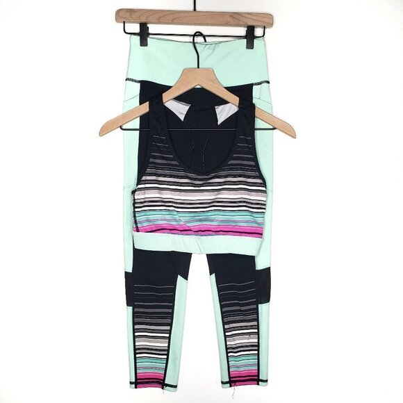 Lularoe Rise Crop + Bra Bundle Mint Stripe‎ S Set Mint Green Black Stripe Outfit - Picture 1 of 11